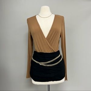 BCBG V Neck Long Sleeve in Tan/Camel